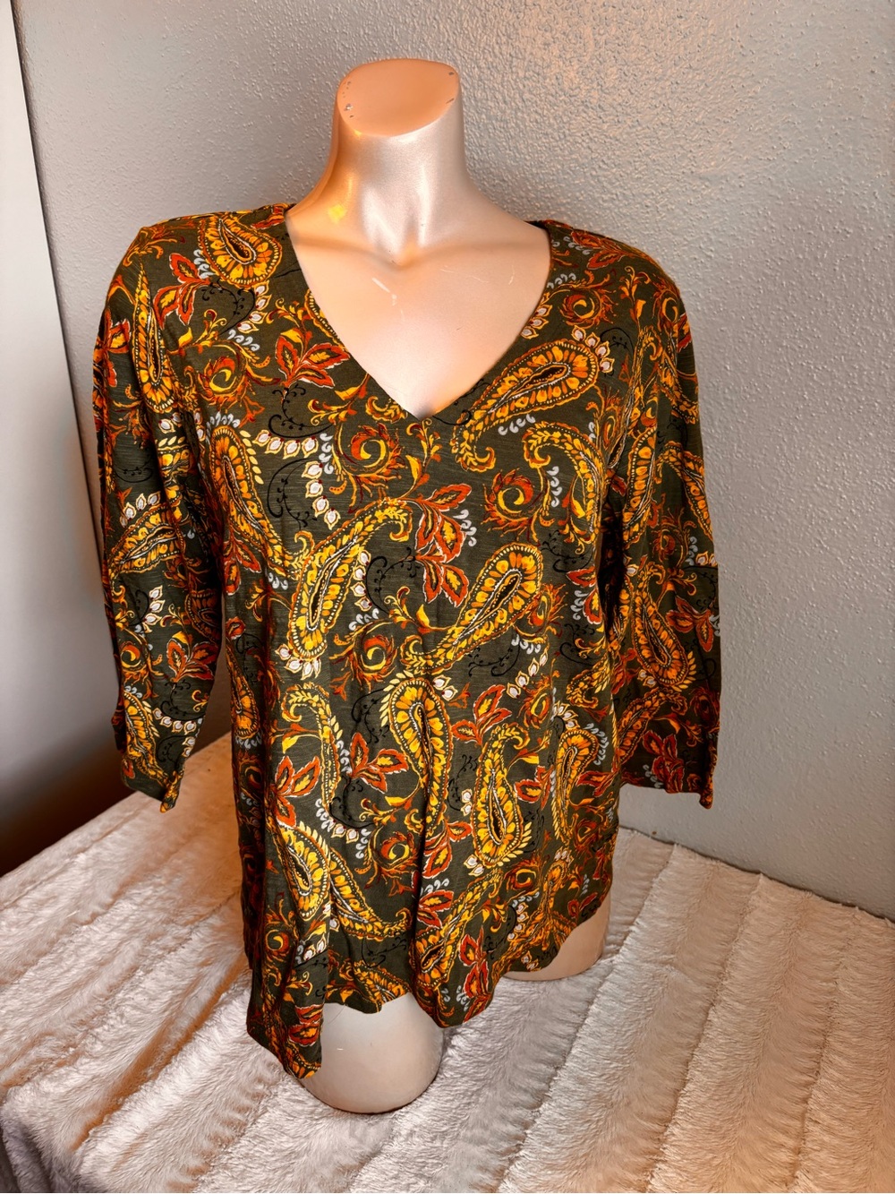 Pure Jill  V-Neck Paisley Print Top Olive Green Organic Cotton